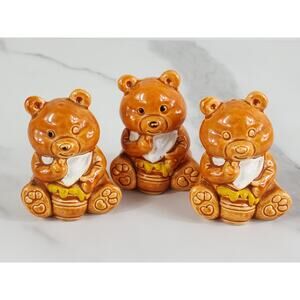 Bear Cub Salt & Pepper Shakers Toothpick Holder 3" Glazed Ceramic 70's Japan Vtg